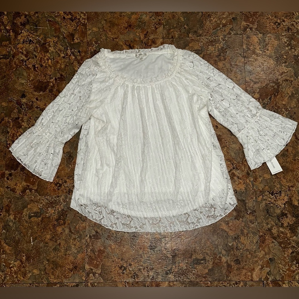 John Paul Richard Women’s Lace Bell Sleeve Floral Blouse White Size Large
